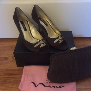 Chocolate brown satin pumps + bonus clutch